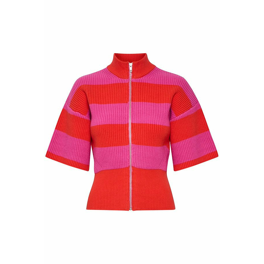 Gestuz EmblaGZ Short Sleeve Zipper Cardigan - Red Alert/Phlox Pink