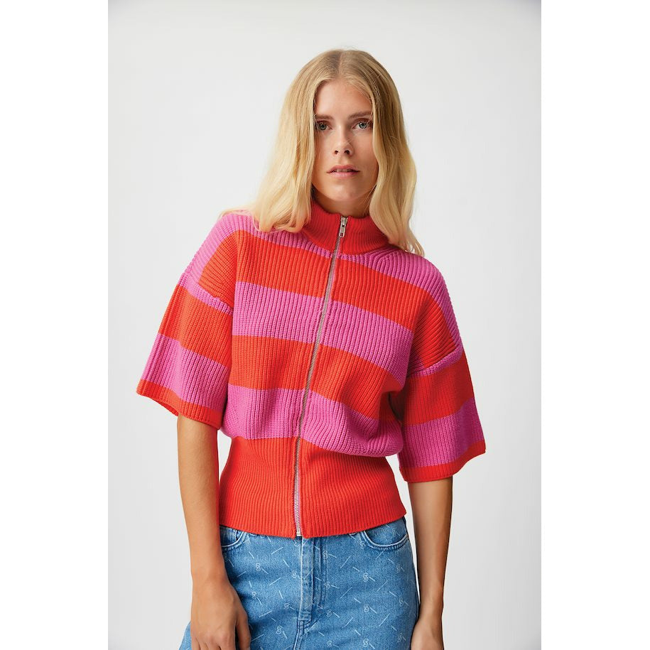 Gestuz EmblaGZ Short Sleeve Zipper Cardigan Red Alert/Phlox Pink