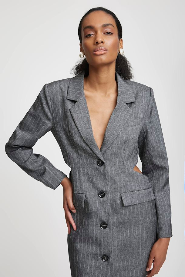 dark grey blazer dress Long Sleeve Overlay Belted Detail Tailored Blazer Dress In Grey | EGO US