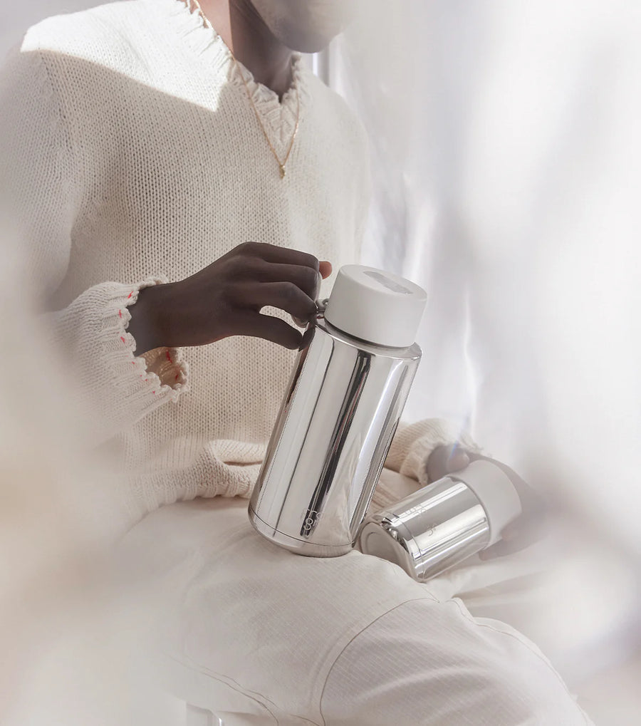 Frank Green Ceramic Reusable Bottle 34oz/1000ml - Chrome Silver/White