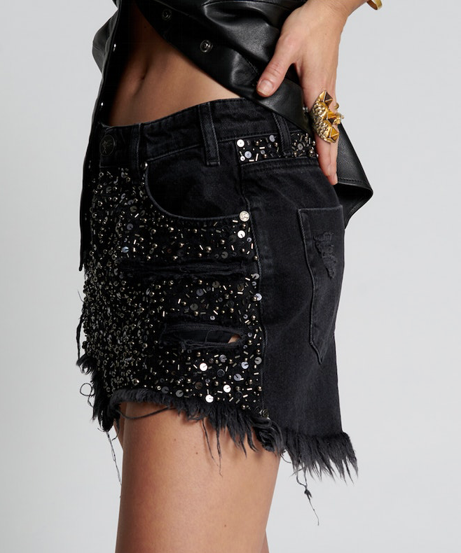 One Teaspoon Hand Beaded Junkyard Low Waist Denim Skirt - Faded Black