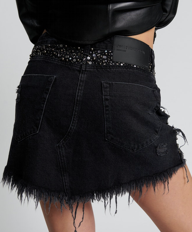 One Teaspoon Hand Beaded Junkyard Low Waist Denim Skirt - Faded Black