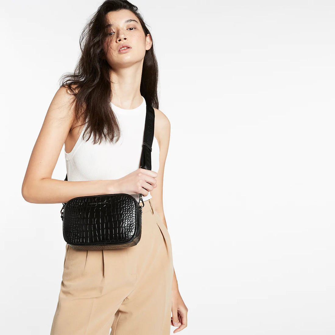Status Anxiety Plunder With Webbed Strap - Black Croc Emboss